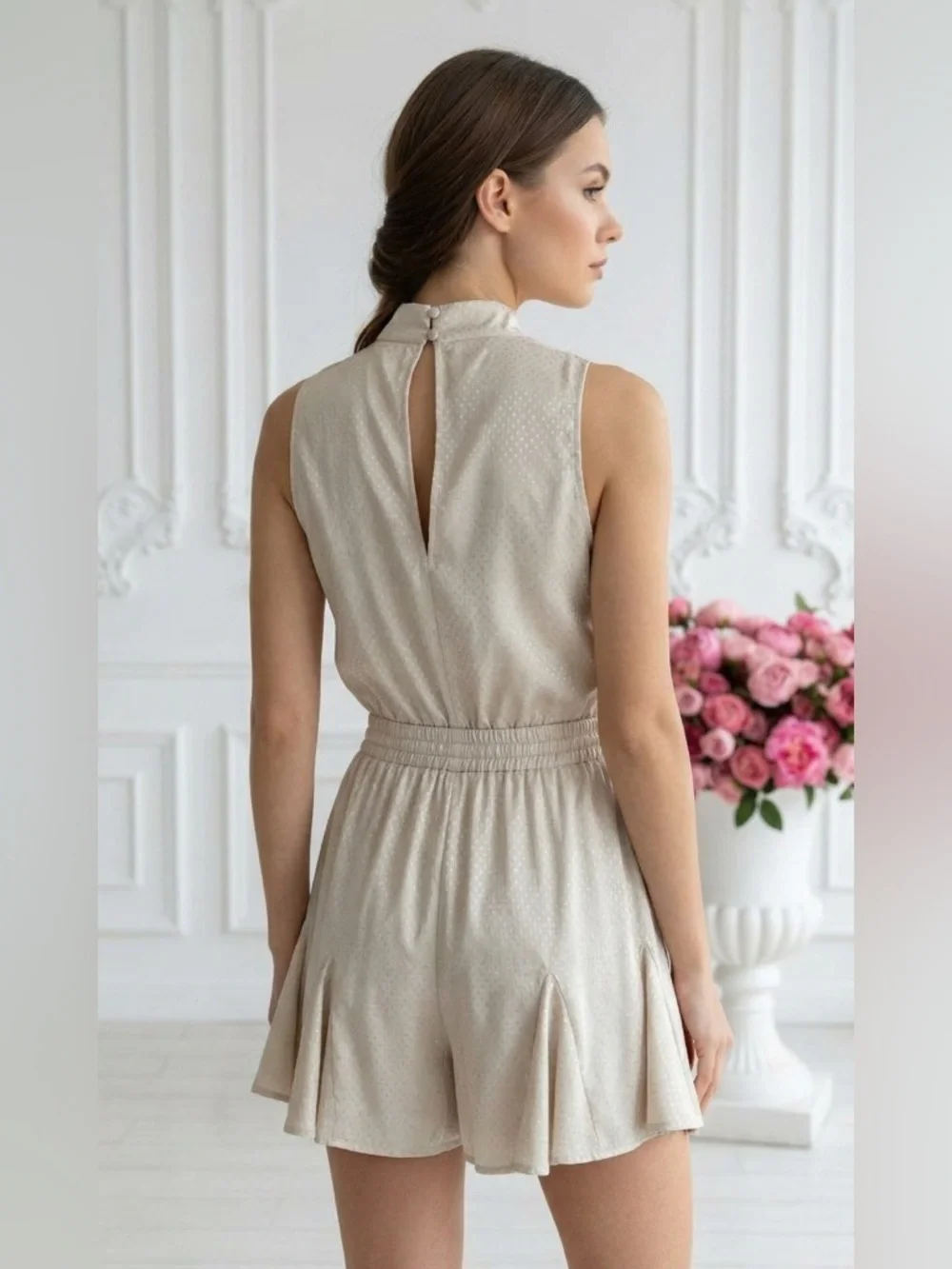 Promesa Silky Nude Romper With Champagne Accents Flattering Surplice V-Neck